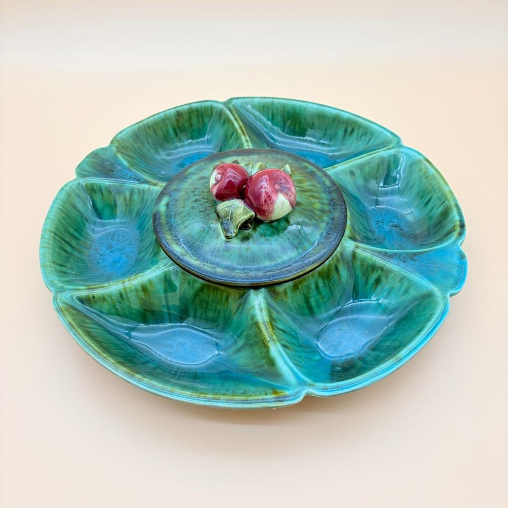 California Pottery Relish Tray 13.5" Apple Lid Turquoise Drip Glaze MCM USA 204